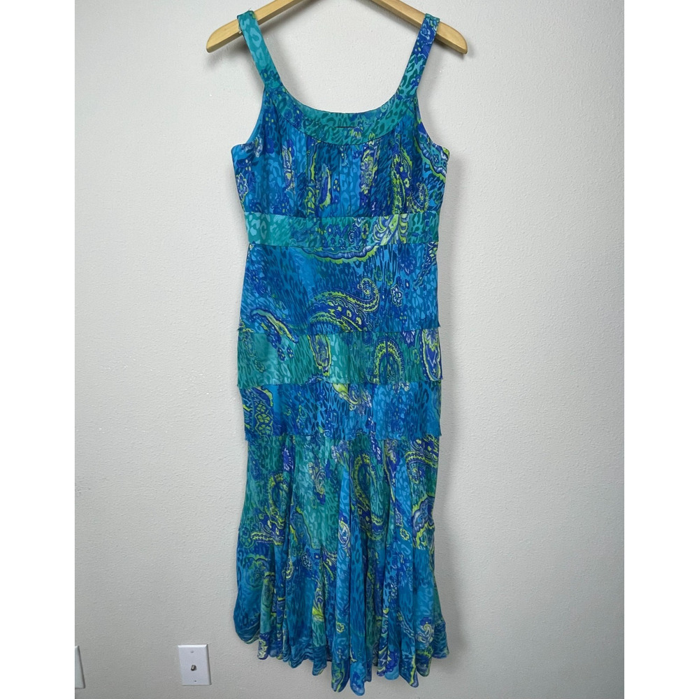 Jones New York Maxi Dress 10 Blue Green Paisley Y2K Babydoll Sleeveless